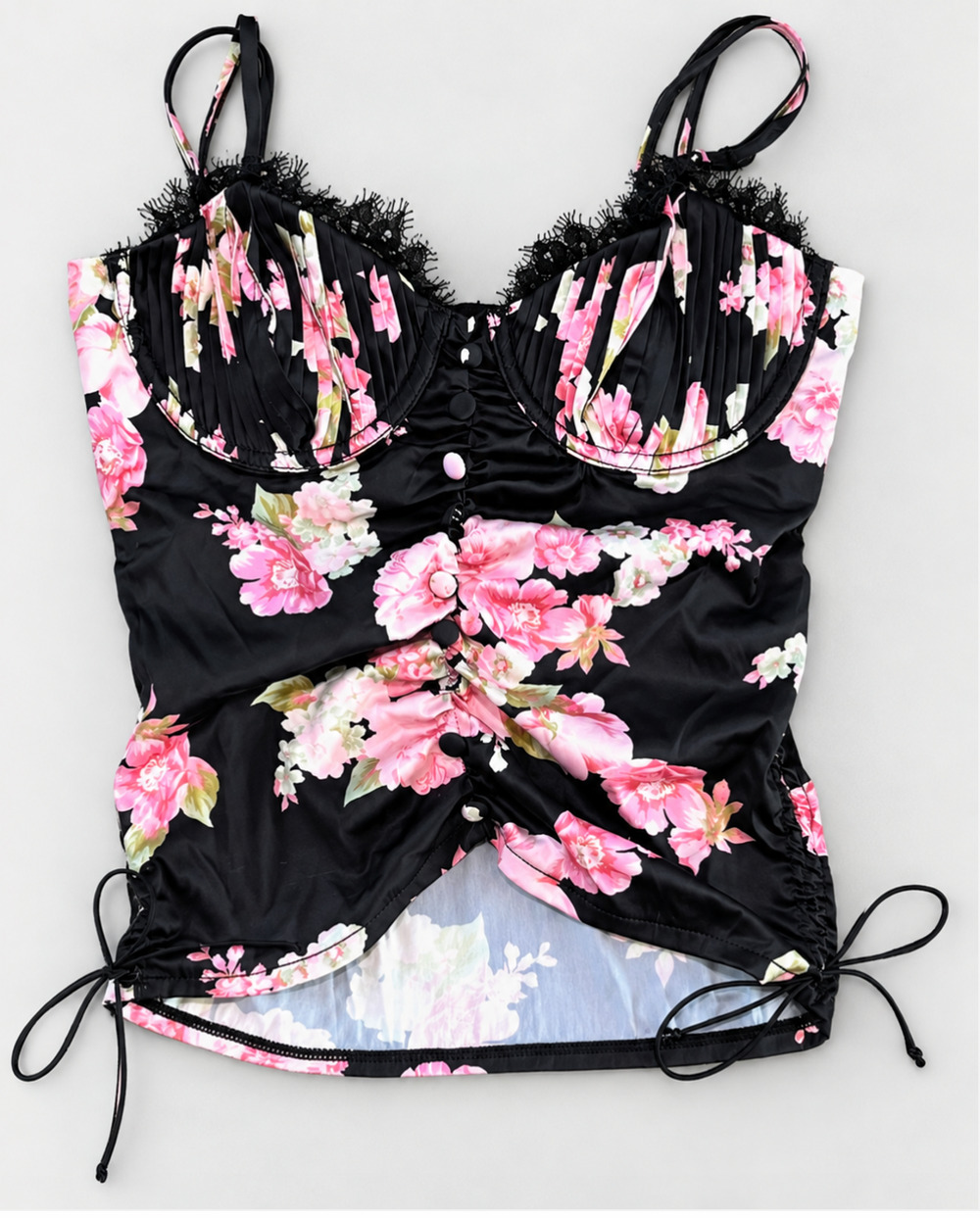 NEW FOR LOVE & LEMONS BLACK PINK FLORAL MELROSE PLEATED BRA TOP SIZE XS